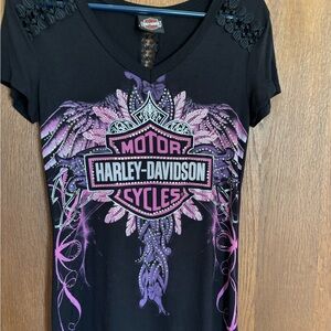 Harley-Davidson Women's Black and Pink Winged Tee with lots of Bling